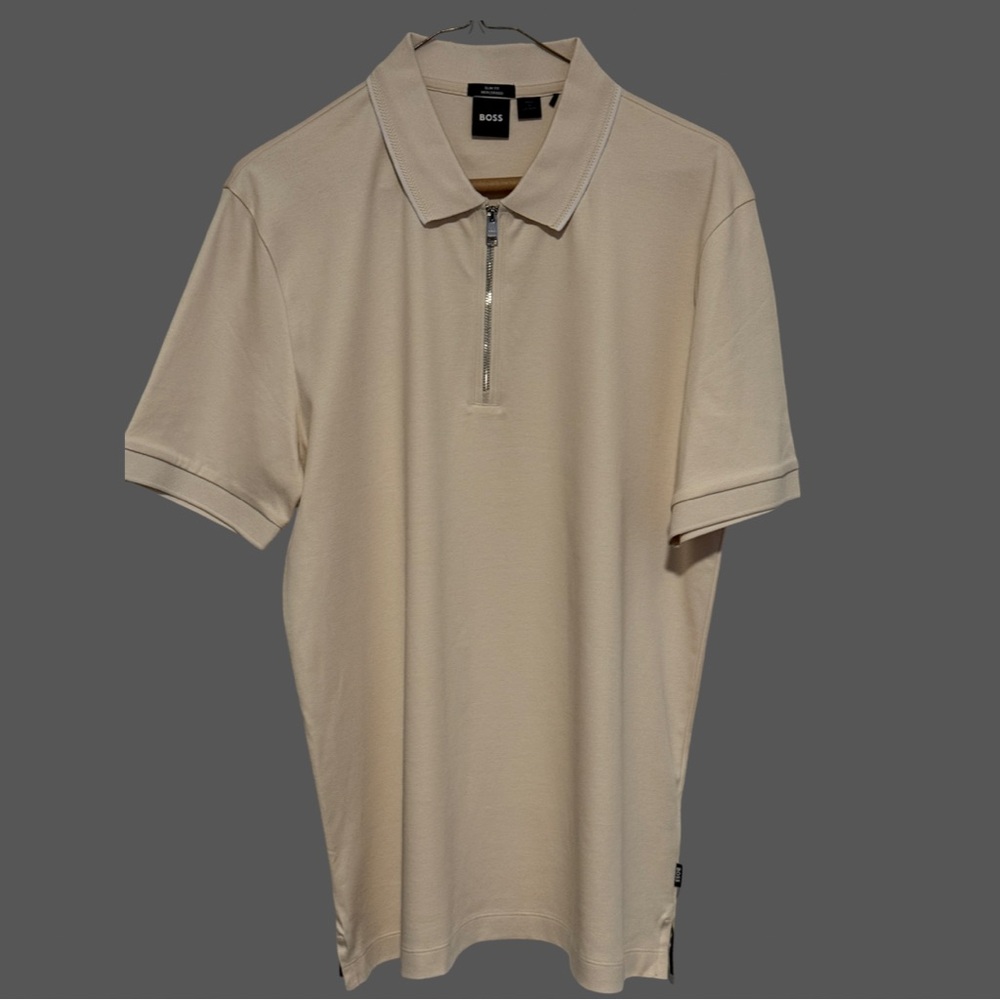 LIKE NEW!! BOSS Men's Beige 1/4 Zip Polo Shirt, SIZE LARGE SLIM FIT